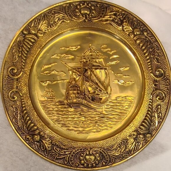 Other - Vintage Metal Brass 14” Tin Wall Hanging Ship Plate